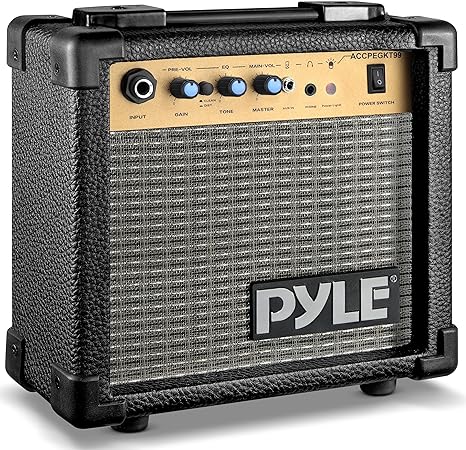 Pyle Portable Electric Guitar Amp, 10 Watt Mini Combo Amplifier with Distortion, Gain, Tone, Master, AUX, Headphone Output