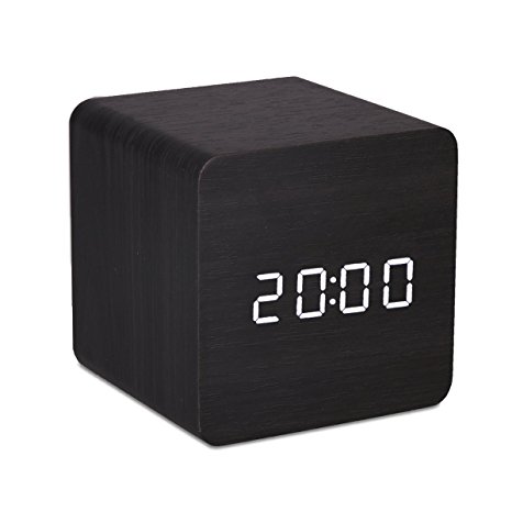 Mini White LED Wooden Alarm Clock Displaying Time Date Temperature Voice Touch Activated for Desktop Home Office (Black)