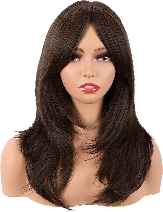 MapofBeauty 20 Inch/50 cm Long Layered With Bangs Straight Synthetic fiber Shoulder Length Hair for Daily Use or Party Wig (Brown)