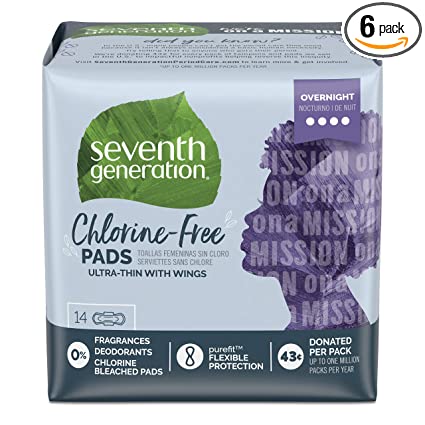 Seventh Generation Ultra Thin Pads, Overnight with Wings, Chlorine Free, 14 count Each, Pack of 6 (Packaging May Vary)