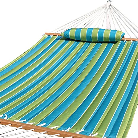 Prime Garden Quilted Fabric Hammock with Pillow, Hardwood Spreader Bars, 2 People, Teal Stripe
