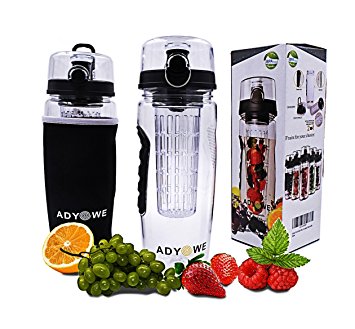 Adywe Fruit Infuser Water Bottle and Insulating Sleeve, 32 Oz, Durable, Eco-Friendly Tritan, for sport plastic Water bottle(black)