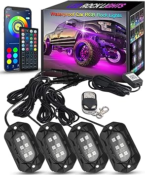 Tenmiro Car RGB LED Rock Lights Kit, 4 pods High Bright Multilcolor Waterproof IP68 with APP/Remote Control & Music Mode Rock Neon Light for Truck ATV UTV RZR SUV