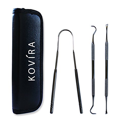 A Grade Stainless Steel Dental Tool Set with Dental Pick, Tartar Scraper & Tongue Cleaner to Reduce Toxin, Remove Plaque - Sterilizable - Best remedy for Bad Breath with Protective Case