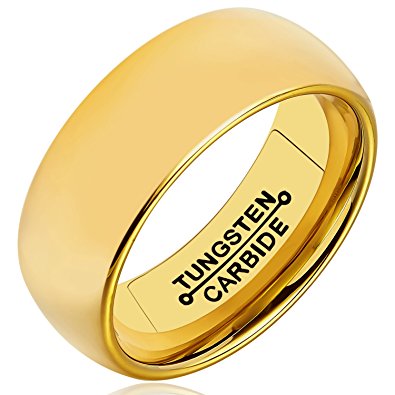 HSG Tungsten Rings for Men Women 8mm 18k Gold Plated High Polished Comfort Fit Domed Wedding Band