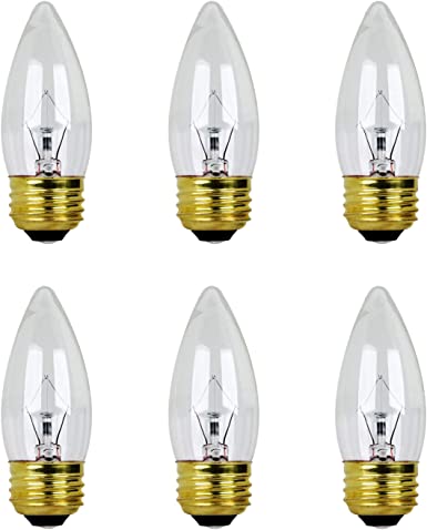 40W B11 Incandescent Clear Chandelier Light Bulb, Torpedo Tip, E26 Medium Base, 360 Lumens, Dimmable, 120V, (6 Pack)