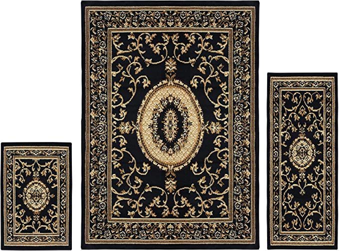 Superior Clementina Collection 3-Piece Rug Set, Attractive Rugs with Jute Backing, Durable and Beautiful Woven Structure, Elegant Medallion Area Rug Set - 2' x 3', 2' x 5', and 5' x 7' Rugs, Black