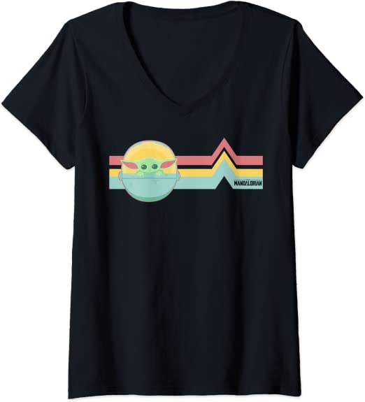 Womens Star Wars The Mandalorian The Child Rainbow Chest Lines V-Neck T-Shirt