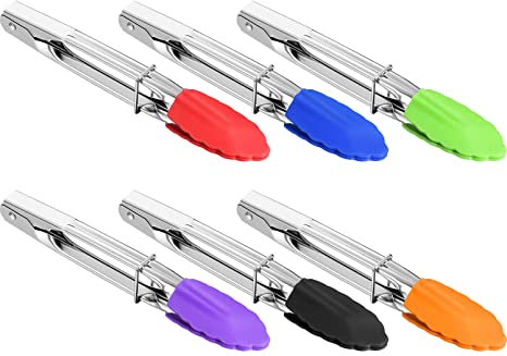 6 Pieces 7 Inch Mini Silicone Tip Tongs Kitchen Serving Tongs Small Metal Locking Tongs for Salad Grilling Cooking, 6 Colors