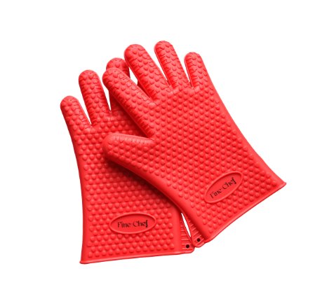 Fine-Chef Red Heat Resistant BBQ Gloves - 100% Food Grade Silicone - Perfect Protection For Grilling, Oven Cooking, Baking, Boiling And Candy Making