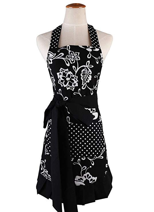 Surblue Plus Size Retro Vintage Women Cute Black Apron Two Pockets 100% Organic Cotton Extra-Long Tie Kitchen Apron for Baking Cooking Gardening