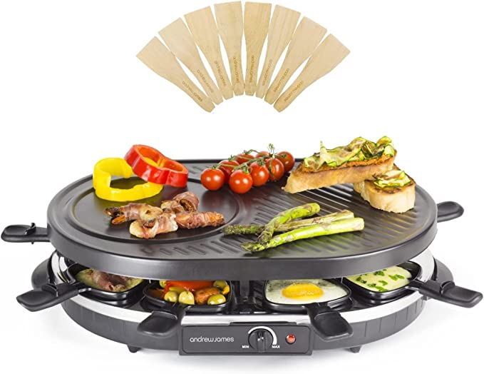 Andrew James 8 Person Traditional Raclette Grill with 8 Pans & Spatulas | Adjustable 1200W Thermostatic Control | Easy Clean Non-Stick Surfaces | Perfect for Parties and Indoor Use