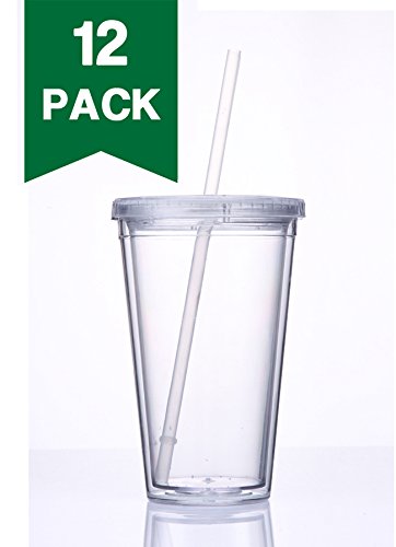 Cupture® Classic 12 Insulated Double Wall Tumbler Cup with Lid, Reusable Straw & Hello Name Tags - 16 oz, Bulk Pack (Clear)