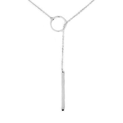 Solid Sterling Silver Open Circle and Dangling Bar Lariat Necklace