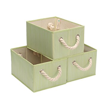 StorageWorks Polyester Storage Box with Strong Cotton Rope Handle, Foldable Basket Organizer Bin, Green-Yellow, Bamboo Style, Medium, 3-Pack