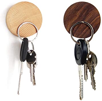 EQLEF Magnetic Key Holder Wood Wall Hooks Round Wooden Key Hanger for Keys, Coins, Cards Storage, Pack of 2