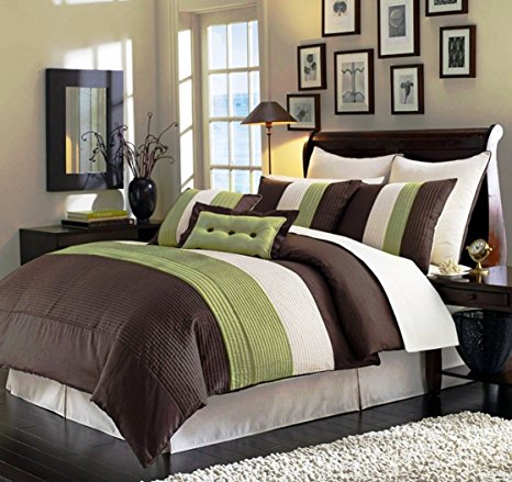 Chezmoi Collection 90 X 92-Inch 8-Piece Luxury Stripe Comforter Bed-in-a-Bag Set, Beige/Green and Brown, Queen