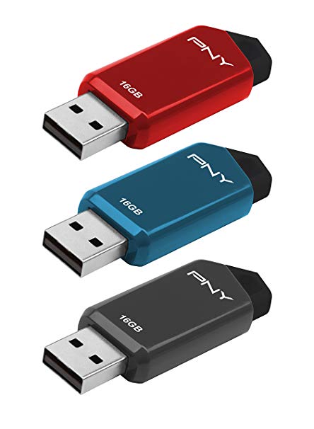 PNY Retract USB 2.0 Flash Drive, 16GB 3-Pk Blue-Gray-Red(P-FD16GX3RTC-GE)