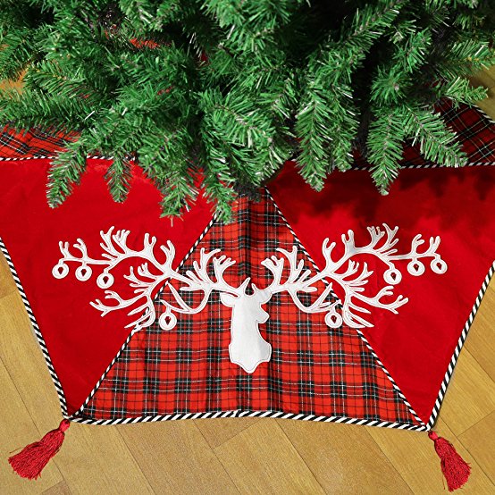 Valery Madelyn 52 Inch Trendy Red and Black Tartan Christmas Tree Skirt with Applique Deer Snowflake and Diamonds, Trimmed Tassels,Themed with Christmas Ornament(Not Included)