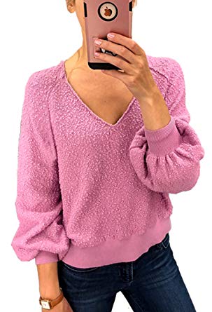 Angashion Women Sweatshirts - Long Sleeve V Neck Fleece Fuzzy Loose Pullover Sweater Tops