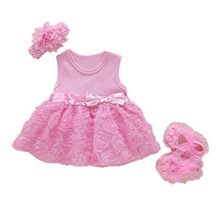 FairOnly Baby Girls Infant Lace Party Dress Gown with Headband and Shoes Set