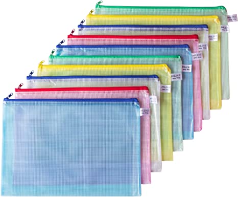 MILEKE Waterproof A4 Mesh Zipper Pouch, Office File Holders, Durable School Filing Envelopes, Confidential Document Bags, 10/Pack
