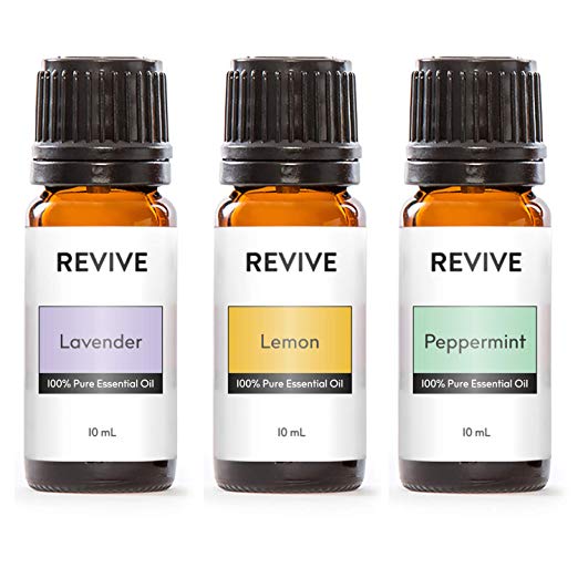 REVIVE Essential Oils Set For Diffuser, Humidifier, Massage, Aromatherapy, Skin & Hair Care - Top 3 Kit - Lavender, Lemon & Peppermint