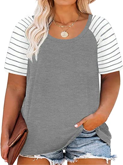 DOLNINE Women's Plus Size Tops Striped Raglan Tee Shirts Casual Tunics Blouses