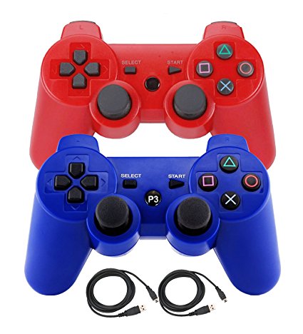 Bowink Wireless Bluetooth Controller For PS3 Double Shock - Bundled with USB charge cord (Red Blue)
