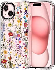 MOSNOVO Case for iPhone 15 Plus, [Buffertech 6.6ft Military-Grade Drop Protection] [Anti Peel Off Tech] Clear TPU Bumper Phone Case Cover Design - Wildflower Meadow