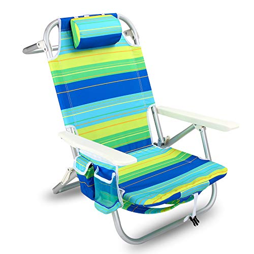 YATIO--- 5 Positions Lay Flat Backpack Beach Chair Camping Chair, Aluminum Lightweight, Insulated Cooler, Drink Holder, Adjustable Pillow,Blue/Green Stripe