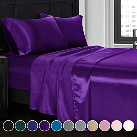 Homiest Purple Queen Sheet Set Satin Bedding Sheets Set, 4pc Queen Bed Sheet Set with Deep Pockets Fitted Sheet