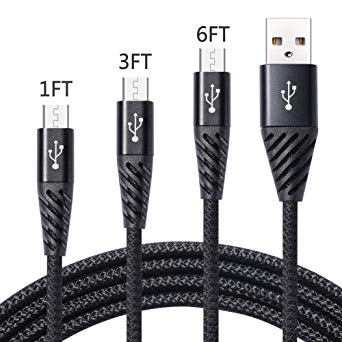 High Speed Micro USB Cable 3 Pack 1FT 3FT 6FT Fast Android Charger Cell Phone Cord Nylon Braided Charging Cables for Samsung LG HTC Motorola Kindle BlackBerry Nexus Xbox PS4 Black
