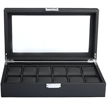 Mantello Black Luxury Carbon Fiber 12-Watch Box Showcase Jewelry Case Organizer