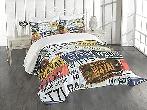 Ambesonne Vintage Bedspread Set, Original Retro Style License Plates Personalized Creative Travel Vacation, 3 Piece Decorative Bedding Coverlet and 2 Pillow Shams, King Size, Green Blue Yellow