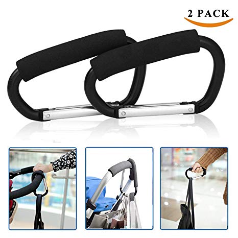 2pcs X-Large Carabiner Stroller Hooks Durable Mommy Clip Stroller Hanger Organizer for Purse Shopping,Grocery and Diaper Bag - 14cm (5.5"),Black