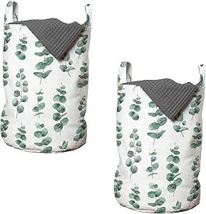 Ambesonne Eucalyptus Laundry Bag Pack of 2, Watercolor Inspired Painting of Forest Leaves and Branches Garden Art, Hamper Basket with Handles Drawstring Closure, 13" x 19", Laurel Green