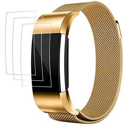 Band for Fitbit Charge 2 with Screen Protectors, AFUNTA 3 Pack Anti-scratch TPU Protective Films, with 1 Magnetic Stainless Steel Wristband Bracelet 5.25" - 8.66"-Gold