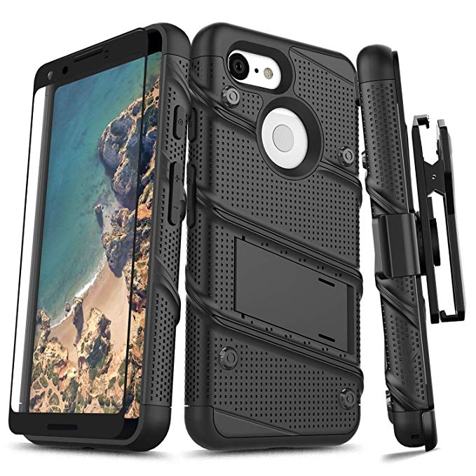 Zizo Bolt Series Compatible with Google Pixel 3 Case Military Grade Drop Tested with Full Glass Screen Protector Holster and Kickstand Black Black