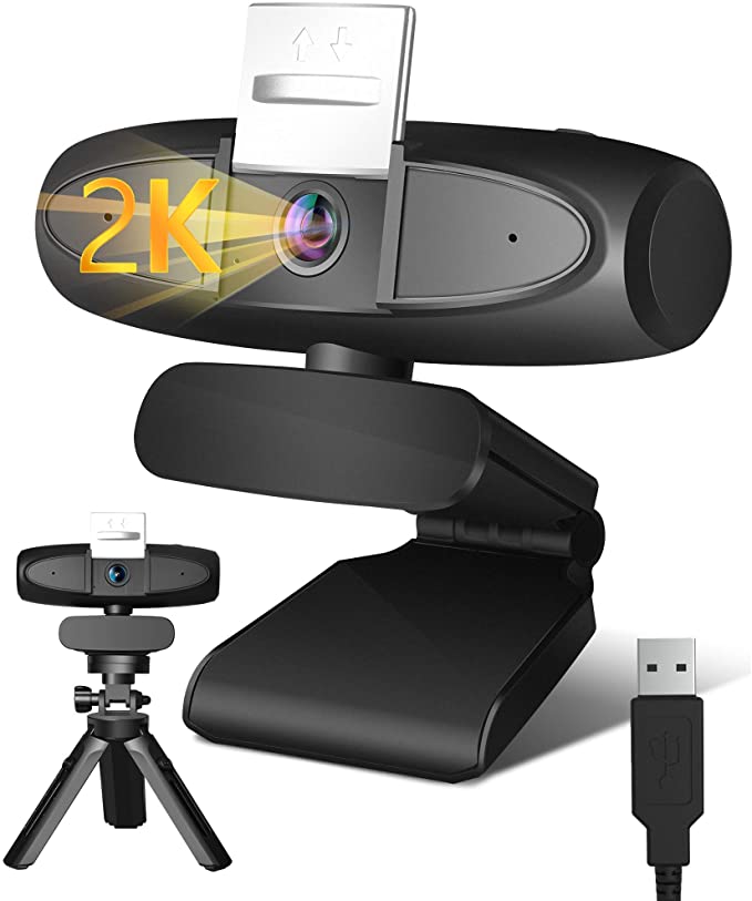 Webcam with Microphone, 2K Streaming USB Computer Camera with 4X Zoom Privacy Cover Pan-Tilt Tripod &110° Wide Angel for PC Conferencing/Calling/Gaming, Laptop/Desktop Mac, Skype/YouTube/Zoom/Facetime