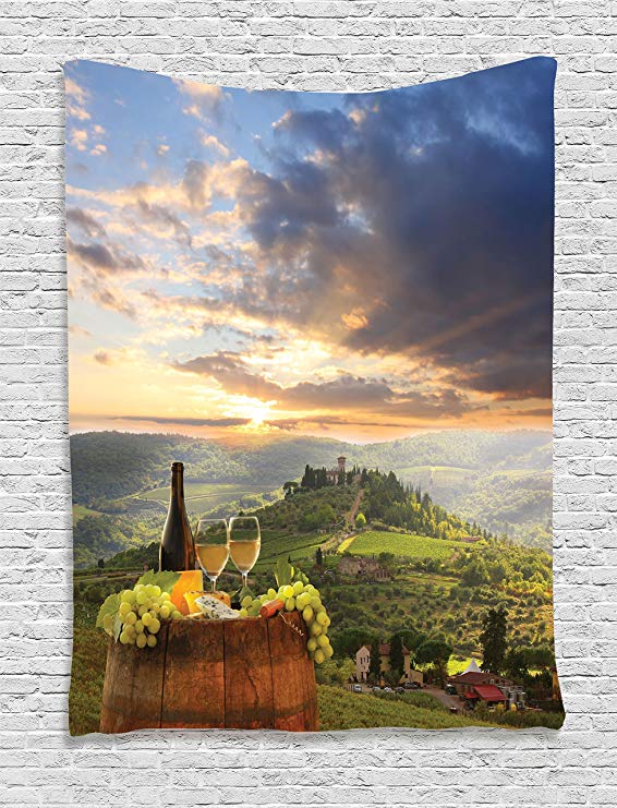 Ambesonne Winery Decor Collection, Vineyard in Chianti Tuscany Italy Autumn Sunrise with Sun Lights Bursting Through Clouds Image, Bedroom Living Room Dorm Wall Hanging Tapestry, Green