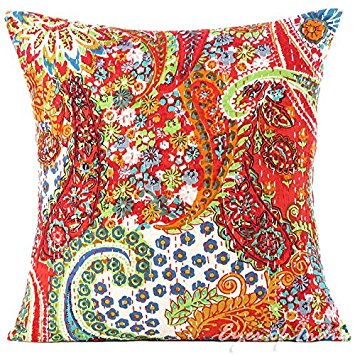 EYES OF INDIA - 16" Red Kantha Decorative Throw Sofa Cushion Couch Pillow Cover Indian Bohemian