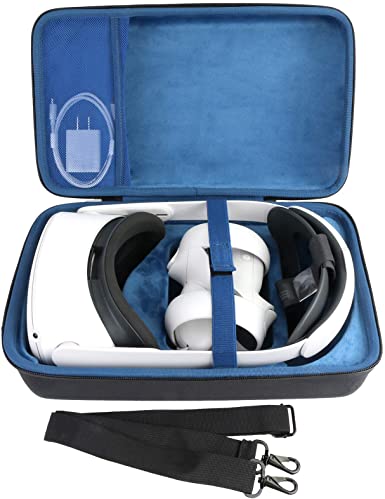 co2crea Hard Travel Case Replacement for Oculus Quest 1 2 Advanced All-in-one VR Gaming Headset for Quest 2 Elite Strap (Black Case   Inside Blue)