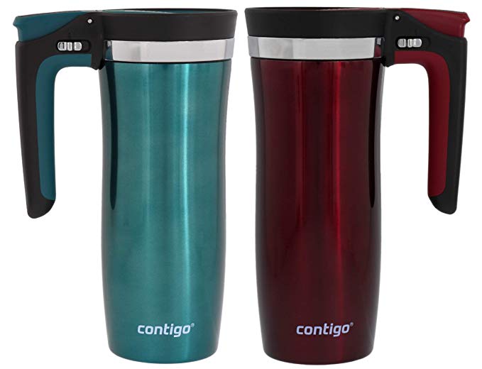 Contigo Handled Autoseal Stainless Steel Travel Mug - Thermalock Insulation Keeps Drinks Hot up To 5 Hours and Cold up To 15 Hours - Autoseal Prevents Spills - 16 Ounces - Evergreen & Spiced Wine