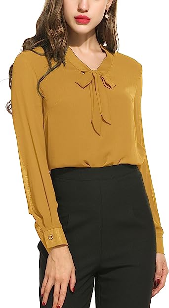 ACEVOG Womens Bow Tie Neck Work Blouses Long Sleeve Chiffon Shirt