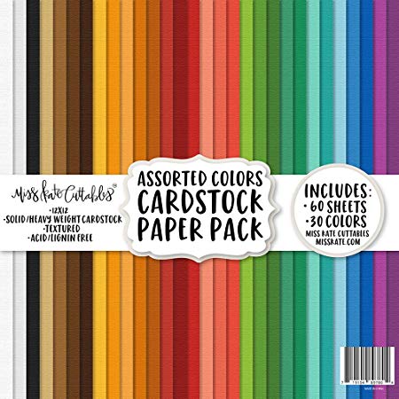 Cardstock Assorted Paper Pack - 60 Sheets - Two of 30 Colors - Solid Core Textured Card Stock - Custom Colors - Card Making Crafting Scrapbook - by Miss Kate Cuttables