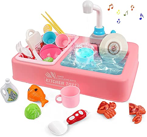 Rabing Play Kitchen Sink Toy Set with Running Water, Electric Dishwasher Playing Sink Set Toy for Girls, Pretend Role Play Sink Toy Kitchen Kids Toddler Gifts for Age 3 4 5 6 Kitchen Play Set Toy