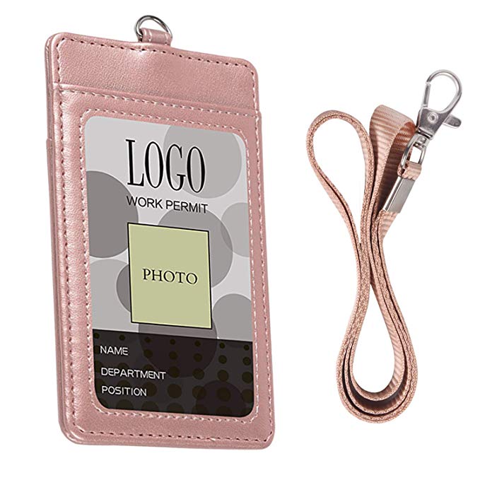 Badge Holder, Arae PU Leather Vertical ID Badge Card Holder with Detachable Lanyard/Strap (Rose Gold)