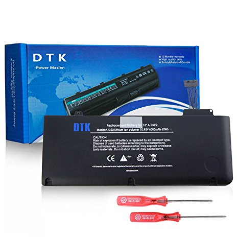 Dtk® New Laptop Battery for APPLE A1322 A1278 (Mid 2009, Early 2010, Early / Late 2011, Mid 2012) Unibody MacBook Pro 13'', fits MB990*/A MB990LL/A MB990J/A Two Free Screwdrivers - 12 Months Warranty [Li-Polymer 6-cell 6000mAh/65.7Wh]