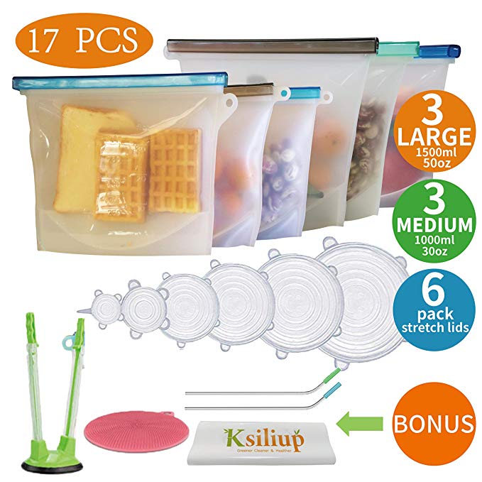 Ksiliup Reusable Silicone Food Bags(3 Large   3 Medium) & 6 Silicone Stretch Lids,BPA FREE Food Grade Freezer Microwave Dishwasher Safe Ziplock Bags,LEAKPROOF Versatile Silicone bags (BONUS 4PCS)